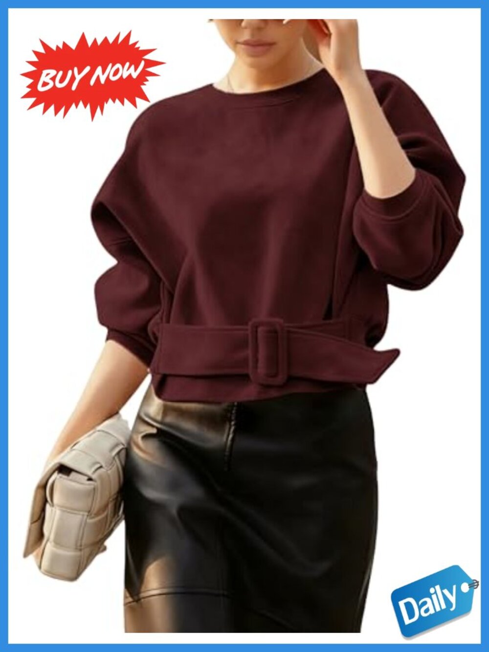 Faux Suede Cropped Sweatshirt Long Sleeve Crewneck Belted Loose Fit Pullover